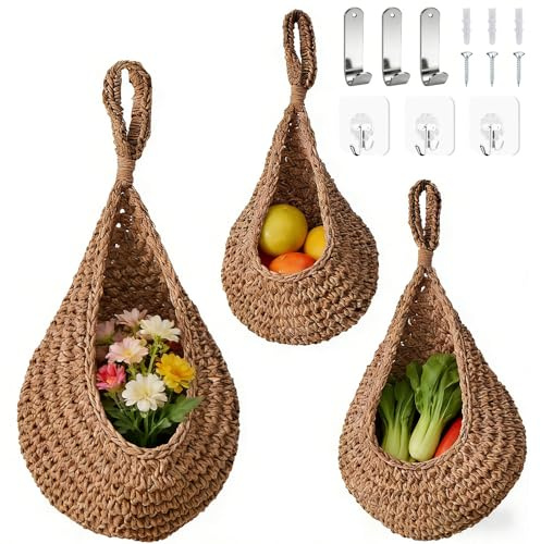 3PCS Hanging Fruit Basket, Hand Woven Hanging Wall Basket, Teardrop Hanging Storage Basket, Wall Mounted Vegetable and Fruit Basket with 6 Hooks for Fruits, Flowers, Vegetables, Kitchen