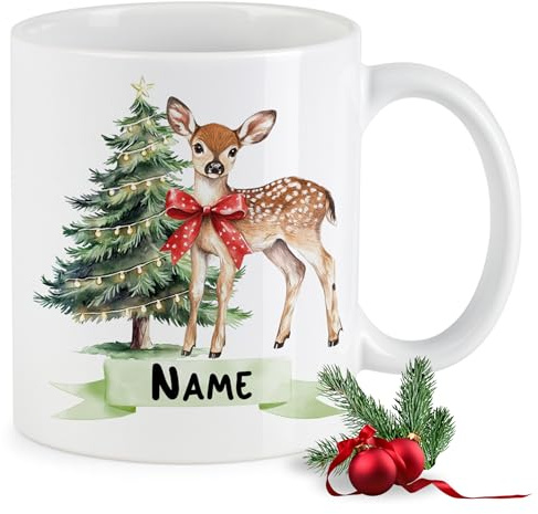 GRAZDesign Personalisierte Weihnachtstasse 330 ml – Keramiktasse mit Namen & Tiermotiv Reh Geschenkidee zu Weihnachten, Winter & Nikolaus