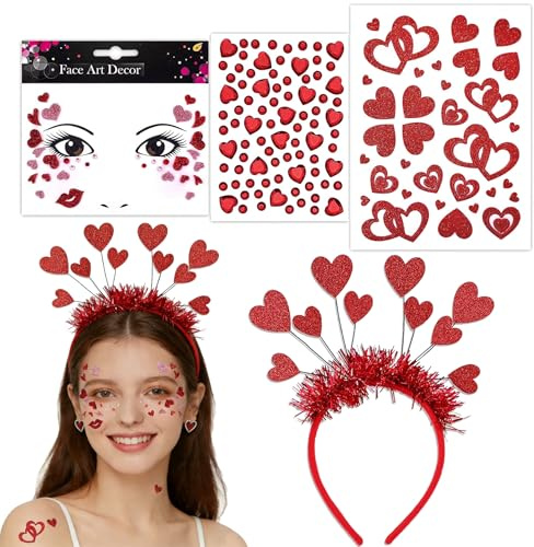 Auzlya 4 Stück Herz Gesichtsdeko Set für Karneval,Gesichtstattoo Karneval | Rot Herz Haarreif Set,Amor Kostüm Damen Fasching Valentinstag Schminke Accessoires