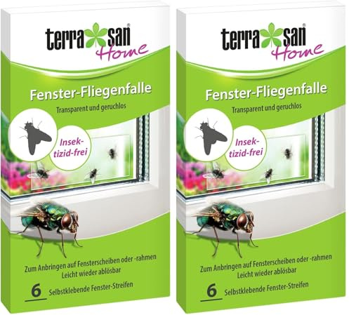 Terrasan Home Fenster-Fliegenfalle, Selbstklebende Fenster-Streifen, Transparent und geruchlos, Insektizid-frei, 6 Stück (Packung mit 2)