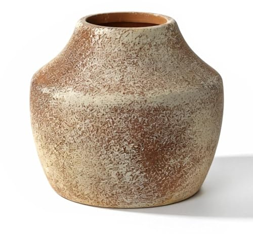 Sawoake Maceta rústica vintage de terracota marrón, jarrón de cerámica envejecida de 5.3 pulgadas para flores secas/frescas, maceta redonda hecha a mano para granja, decoración bohemia del hogar, sala