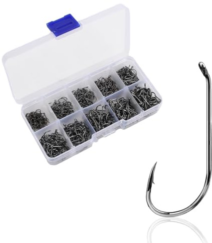 500pcs Fishing Hooks, Carbon Steel Barbed Fishing Hooks, Carp Hooks, Fishing Hooks Set, Freshwater Fishing Accessories, No.3-No.12, 10 Sizes with Compartment Box, Black
