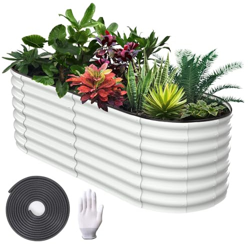 Hochbeet Metall 180x90x60 cm, Oval Pflanzbeet Mit Gummikante & Offenem Boden, Verzinktes Stahl Gartenbeet Für Gemüse Blumen Kräuter Balkon Terrasse, Wetterfest & Rostfrei, Weiß