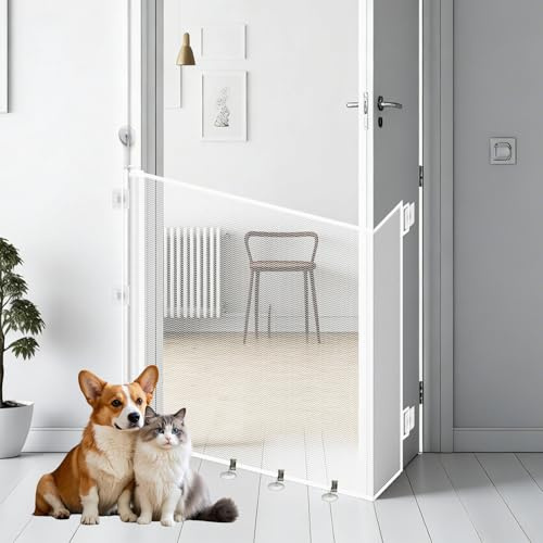 Barrera para Perros, VersióN Mejorada, con Cierre Ajustable + Clip Antiescape, InstalacióN Sin Taladros, Universal para Gatos Y Perros, Ideal para Cocina, BalcóN, Pasillo. (Blanco, 150 * 78)
