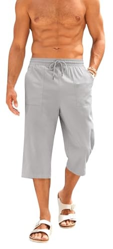 Runcati Men's Cotton Linen Bermuda Shorts 3/4 Length Summer Trousers Yoga Jogger Casual Sweatpants Sports Leisure Trouser with Pockets, Grey, L