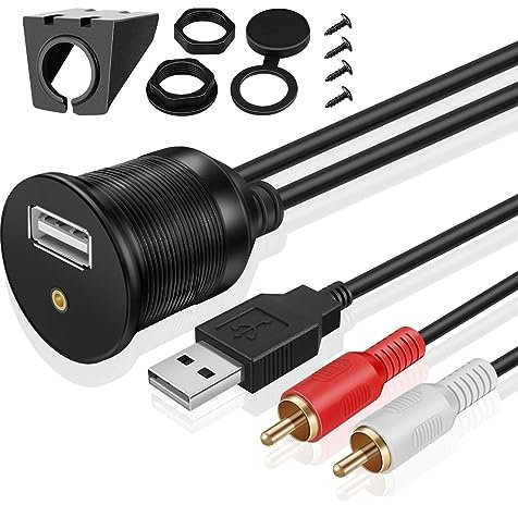 TNP 3,5mm Aux + USB Einbaubuchse Kabel - 1m, Kfz Cinch-Stecker auf 3,5-mm Klinkenbuchse, Auto RCA Verlängerungskabel, Stereo Audio Adapter für Armaturenbrett, LKW, Boot, Motorrad, Schwarz