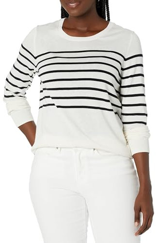 Amazon Essentials Women's Long-Sleeve Lightweight Crewneck Jumper (Available in Plus Size), Black White Placed Stripe, L