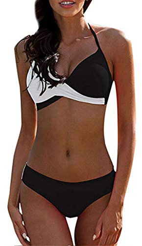 CheChury Donna Costume da Bagno Push Up Imbottito Reggiseno Bikini Due Pezzi Bikini Sexy Spiaggia Beachwear Swimwear Sportivo Mare Estate,Nero,S