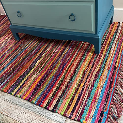 Second Nature Online Festival Small Runner Eco Friendly Multi Colour Stripe Fringed Rag Rug Hand Woven with Recycled Fabric Strips 70 cm x 140 cm