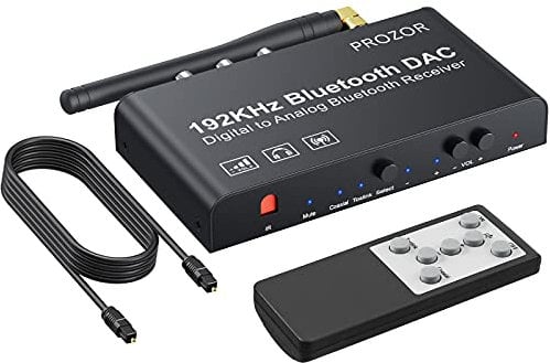 PROZOR Convertidor Audio Optico Coaxial a RCA con Receptor Bluetooth 5.0 192 kHz DAC Digital a Analógico L/R y Jack 3.5 mm con Mando Compatible con HDTV, PS4, HD DVD, Blu-ray,Amp,Auriculares