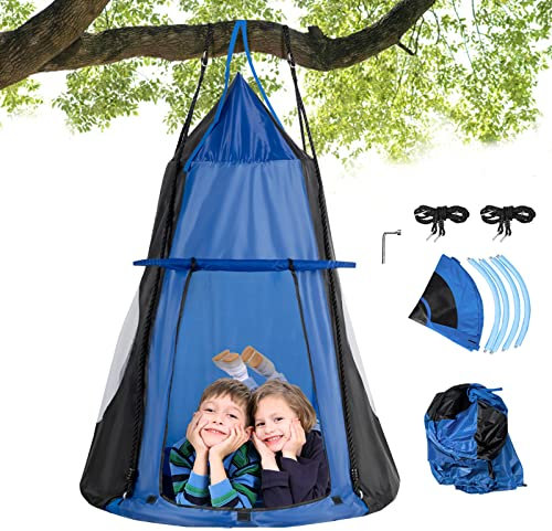COSTWAY Balançoire Extérieur Enfant Ø100CM avec Tente Amovible, Balançoire Nid d'Oiseau Charge 150KG Hauteur Réglable de 100 à 180CM, Balançoire Tente Suspendue pour Jardin, Maison, Intérieur (Bleu)