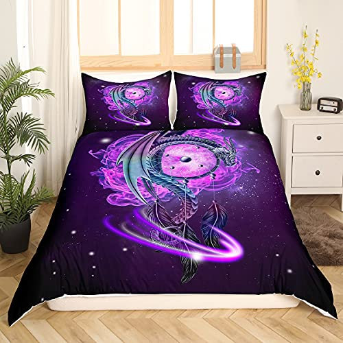 Loussiesd Traumfänger Bettwäsche Set Lila Galaxis Bettbezug Set Drachen Drucken Bettwäsche 200x200cm Boho Feder Dekorativ Betten Set für Mädchen Jungen Kinder Erwachsene mit Reißverschluss