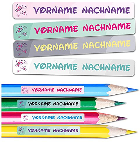 60 x Namensaufkleber Wunschname personalisiert je 4,5x0,6cm Aufkleber mit Kinder Name Beschriftung Schule Kindergarten Stifte Sticker (Nr. 19 Schmetterling, Für schmale Oberflächen)