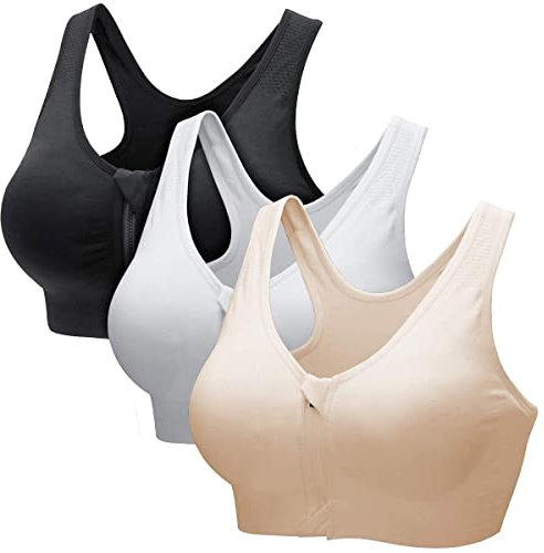 ZOEREA Sports BH Damen Push Up Zip Front Impact Yoga Bra (M, Schwarz+Weiß+Beige)