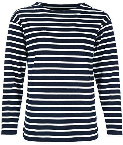 modAS Damen Shirt Bretonisches Damenshirt mit U-Boot Ausschnitt - Ringelshirt Streifenshirt Langarmshirt mit Streifen aus Baumwolle in Blau/Weiß in Größe 36