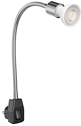 ledscom.de Steckdosenlampe LESCH Leselampe Schwanenhals, Schalter, chrom/schwarz + LED Reflektorlampe 468lm 30° warm-weiß