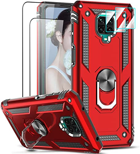 LeYi Cover per Xiaomi Redmi Note 9 Pro/Note 9S con 2 vetro temperato e 2 protezione per fotocamera, anello di supporto militare anti-caduta, antiurto, rigido, armatura custodia rossa