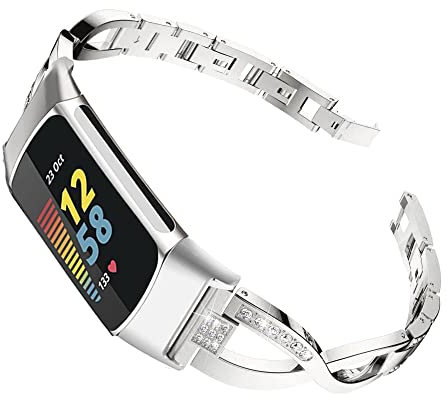 AISPORTS Compatible for Fitbit Charge 6/Charge 5 Strap for Women, Slim Crystal Bling Glitter Diamond Rhinestones Jewelry Metal Bracelet Sport Wristband Replacement Strap for Fitbit Charge 6/Charge 5