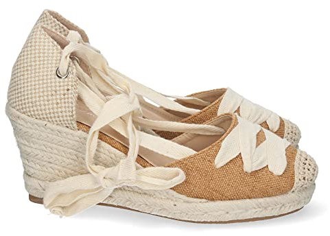 62755-Sandalias de Cuna para Mujer, Forrada de Yute, Comodas, Pala con Cordon Cruzado, y Cierre de Cordones, Primavera Verano 2022. Talla 37 Camel