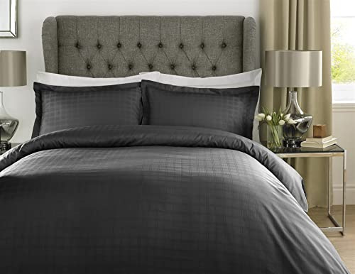 100% Cotton Bed Set 400TC Natural Breathable Checked Duvet Cover Pillowcases Home Hotel Bedding Hypoallergenic [King, Black]