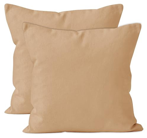 Encasa Conjuntos de Almohadas de algodón de algodón de 2 I 24x24 in (60x60 cm) - Beige Claro I No Insertar I Plain Square Cubas de Almohadas I Lavable | Solamente para Uso en Interiores