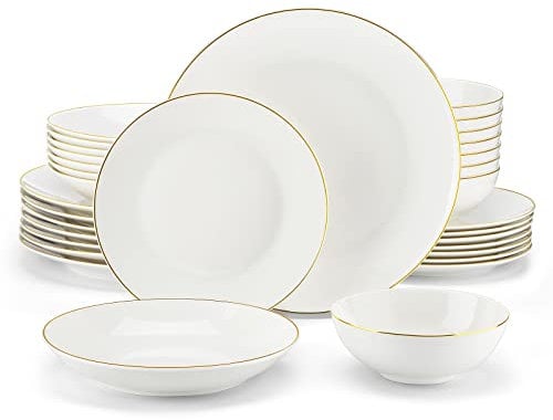 MALACASA Série JERA Service de Table Porcelaine pour 8 Personnes, Service Vaisselle 32pcs avec 8 Assiettes Plates, 8 Assiettes Creuses, 8 Assiettes à Dessert, 8 Bols de Céréales, Blanc avec Bord Doré