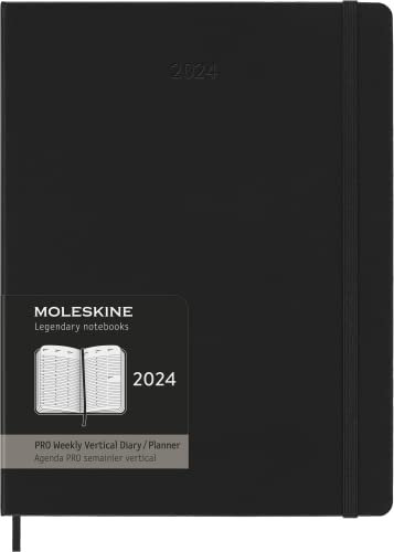 Moleskine Wochenplaner Vertikal Pro, 12 Monate 2024, Agenda 2024, XL 19x25, Hardcover mit Gummizugverschluss, Farbe Schwarz