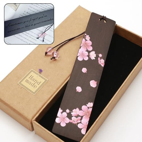 Heymila Hölzerne Lesezeichen mit Handgefertigten Blume Originelles Geschenk für Frauen Bücherwurm Studenten, Anständige Urlaub Geschenke mit Eingraviert Motivierende Phrasen - Sakura