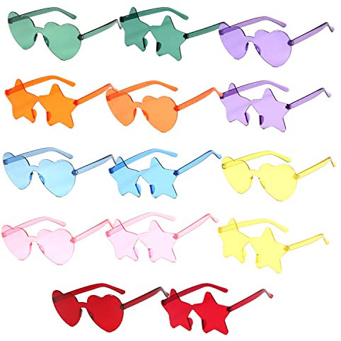 Zuzer Lunettes de Soleil de Fête 14 Pairs Lunettes en Forme de Coeur de Étoiles Couleur Lunettes Hippie Lunettes de Soleil pour la Fête d'anniversaire Carnaval Danse Soirée à Thème