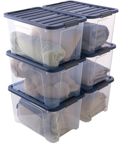 SUNDIS Wave Box, lot de 6 boîtes de rangement avec couvercle et roues, 45l, en plastique transparent, superposables et empilables, idéales pour ranger la chambre, le bureau, le grenier, le garage