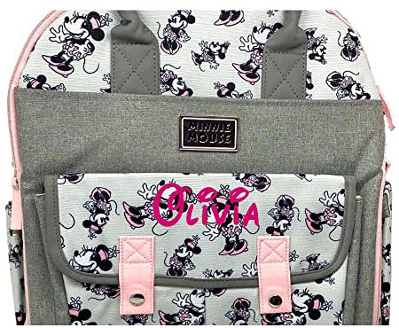 Disney Personalized Diaper Bag Character MICKEY MINNIE and MORE Multi-Pocket Functional Baby Diaper Bag Backpacks, Personalized Minnie Mouse Pink and Gray, One Size (Pack of 1), Backpack Diaper Bag