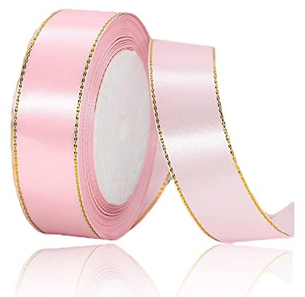 Geschenkband Hellrosa 20mm Breit, 23 Meters Goldränder Satinband Hellrosa Geschenkbänder Stoff Schleifenband Dekoband zum Geschenkverpackung, Bastelarbeiten, Geburtstag und Hochzeitsdekoration