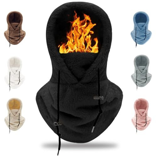 crazy bean Mütze Fleece Winter Sturmhaube Warme Kapuzenschal 2 in 1 Winddicht Hut mit Wolle-Futter para Ski Cycling(Schwarz)