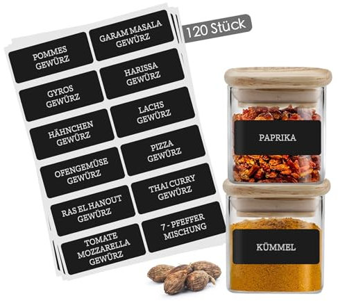 Gewürzetiketten Selbstklebend – 120 Sticker für Gewürzgläser & Gewürzdosen - Wasserfeste Gewürzaufkleber - Spice Jar Label - Beschriftete Etiketten für Küchenorganisation - Rechteckig Schwarz