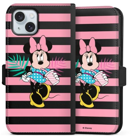 Klapphülle kompatibel mit Apple iPhone 15 Handyhülle aus Kunst Leder schwarz Flip Case Minnie Mouse Disney Offizielles Lizenzprodukt