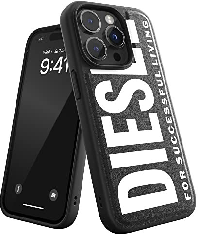 Diesel Schutzhülle für iPhone 15 Pro, schwarz-weißes Design, stoßfester Fallschutz, kompatibel mit kabellosem Laden, erhöhte Kanten