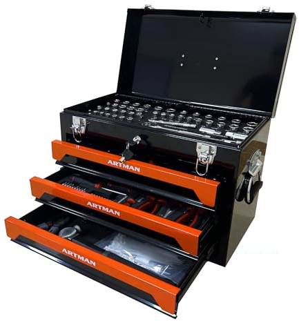 nifoti 439-teiliges Mechaniker-Werkzeug-Set, 3 Schubladen, robuste Metallbox mit Haushaltswerkzeug-Set, tragbarer Werkzeug-Organizer für Autoreparatur, Garage, Lager, Werkstatt, Werkstatt (Orange und