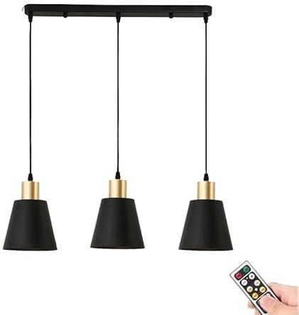 KEFA Black-Gold Battery Operated Pendant Light with Remote & Blub, Kitchen Island No Wire Ceiling Hanging Light, Non Hardwired Pendant Lighting Chandelier Fixture for Dining Table Living Room Farmhous