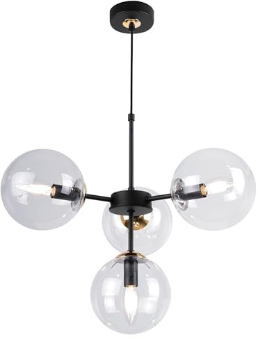 Light-Home Imperia Hängelampe - Deckenlampe für Wohnzimmer Schlafzimmer und Esszimmer- Pendelleuchte aus Metall und Glas - E14-4-Flammig - Schwarz Gold Basis und Grau