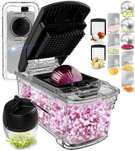 fullstar Picador de verduras, mandolina y rallador de queso todo en 1, cortador de papas fritas de múltiples cuchillas y cortador de verduras, incluye espiralizador de mano y utensilios de cocina (5