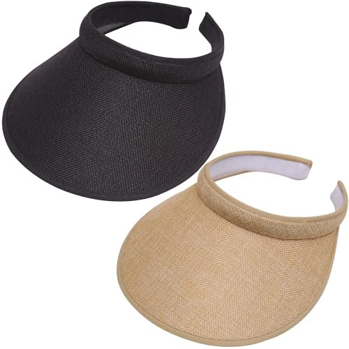 Paquete de 2 sombreros de visera ancha para mujeres y hombres, visera grande con clip, protección UV, deportes al aire libre, golf, playa, gorra, Negro y caqui., 6 3/4/7 3/8