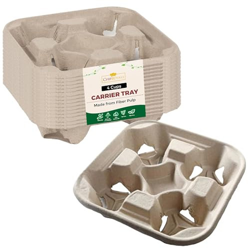 Chef Royale 4 cups holder tray for Tea - Hot & Cold Drinks carry around fold away Biodegradable Disposable cup carrier (PACK OF 90) - Cardboard Tray - (90)