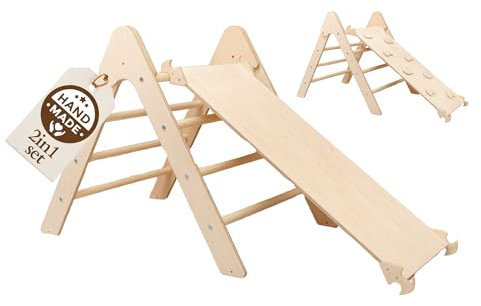 WoodsCraft Kletterdreieck mit Rutsche Indoor | Holz Montessori Klettergerüst Indoor Spielgeräte & Spielplatz | Pikler Dreieck & 2in1: Babyrutsche & Rampe | Klettern Kinder Indoor & Klettern Baby