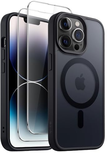 JETech 3 in 1 Magnetic Case for iPhone 14 Pro 6.1-Inch with 2-Pack Tempered Glass Screen Protector, Compatible with MagSafe, Translucent Matte Back Shockproof Phone Cover (Black)