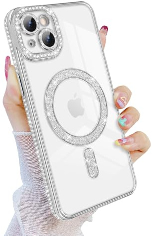 Newseego for iPhone 15 Plus Case Magnetic Glitter Clear, Silver | Compatible with MagSafe, Bling Diamonds, for Girls Women, Soft TPU, Slim Fit, Shockproof Cover, Full Camera Protection