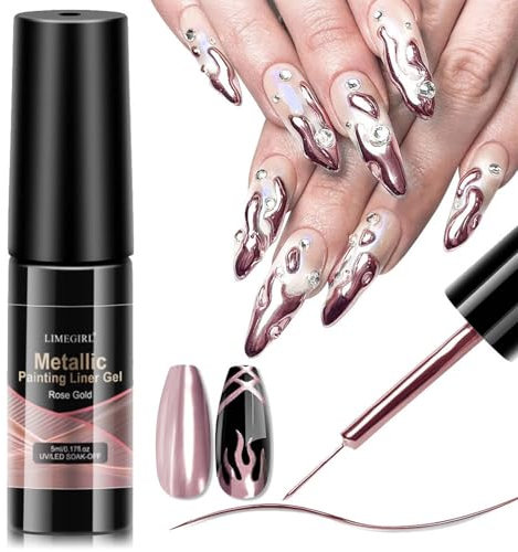 Gold Rose 3D Gel Liner Nail Art - Chrome Gel Nail Polish Liner Metallic Effect - Built-In Thin Brush for Swirl Nail Liner Draw - Multi Manicure Painted Nail Art Mini Size Design