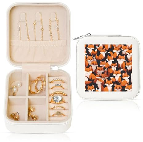PHAYAH Lots Of Cartoon Little Foxes Square Travel Jewelry Box Leather Jewelry Ring Organizer For Girls Ladies (White)