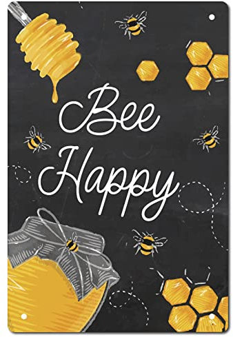 DBKGHIEDHG Metall-Blechschild mit Bienen-Glück, rustikale Wandkunst, Dekoration, Gartenhaus, Poster, Kunstwerk, Geschenk für Zuhause, Bauernhof, Garten, Küche, Kaffee, Büro, Garage, Dekoration, 20,3 x
