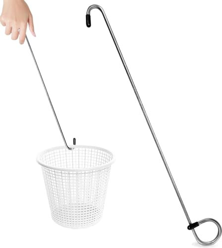 Pool Skimmer Basket Hook Tool, Stainless Steel Skimmer Lid Lifting Hook, Elongated Handle Skimmer Hook, Lid Lifting Hook for Fish Rakes