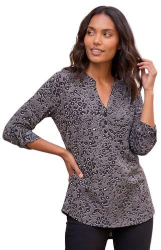 Roman Shirt for Women UK Ladies Top Collarless Blouse Stretchy Tunic Smart Casual Autumn Winter Jersey 3/4 Length Sleeve Notch V Neck Flattering Office Work - Size 18 - Grey Ink